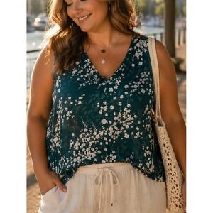 Cristina B‎ Women's XXL Floral Sleeveless Blouse Teal White Casual Summer Layer